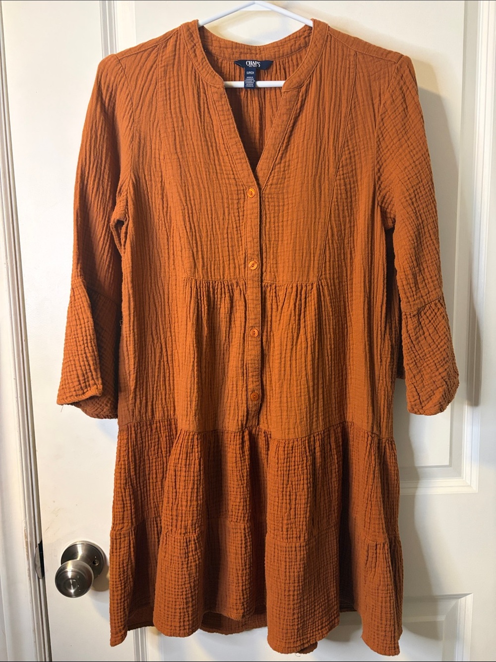 Chaps Rust Orange Crinkle Tiered Button-Front Long Sleeve Dress